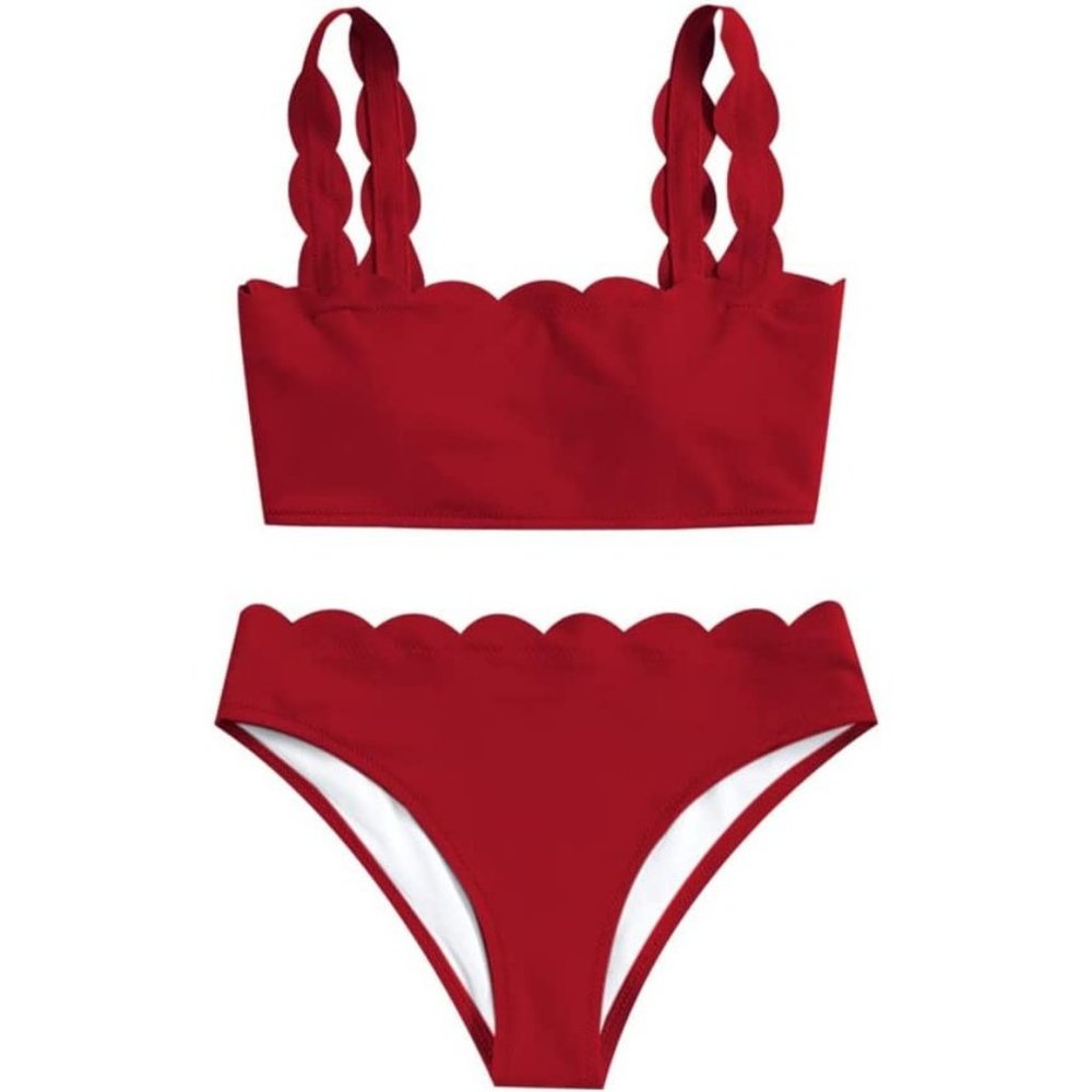 ZAFUL Bikini 2-Piece Lace Up Scalloped Textured High Waisted Padded Wire Free